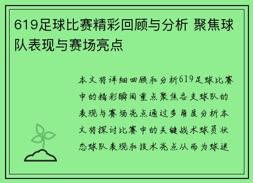 619足球比赛精彩回顾与分析 聚焦球队表现与赛场亮点